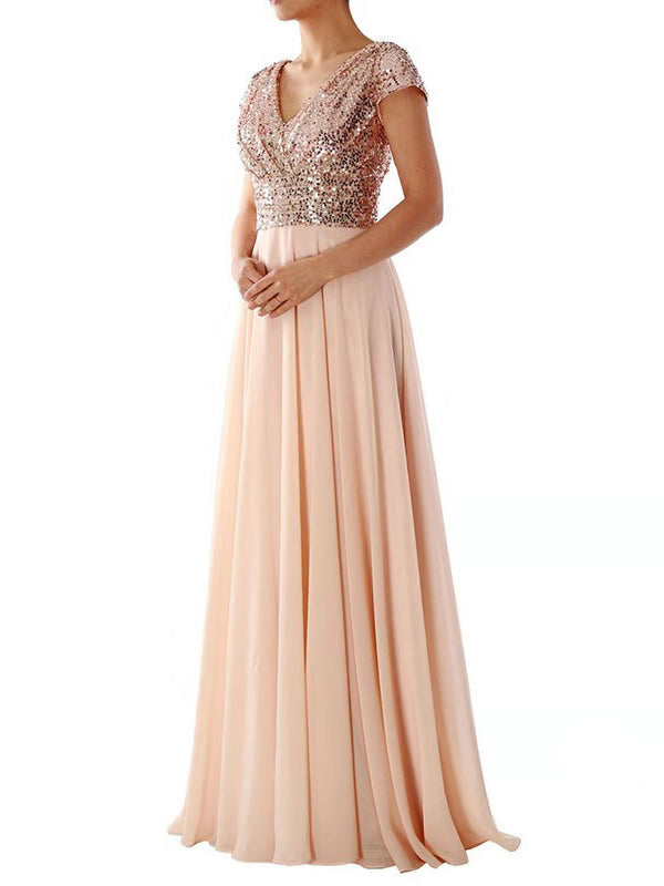 Drune | Damen Kleider V-Ausschnitt Paillette Chiffon Paneel Maxi Kleid