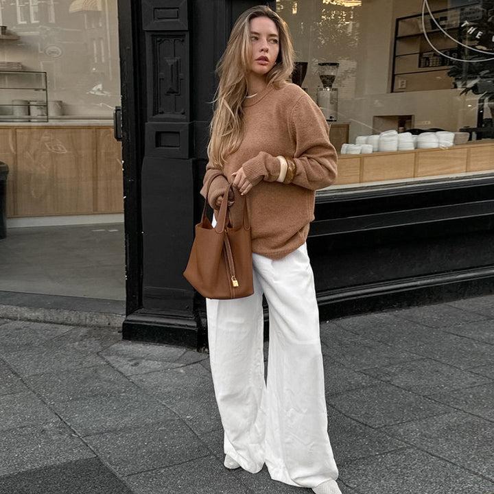 Damen leichte, lässige Palazzo-Hose mit hohem Bund und schwingendem Schnitt Drune