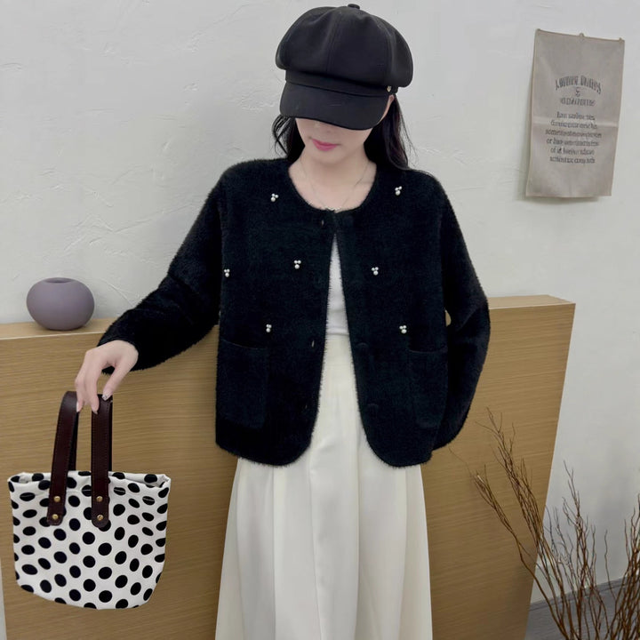 Damen Kuschelige Strickjacke mit Perlenverzierung und klassischen Rundhalsausschnitt Drune