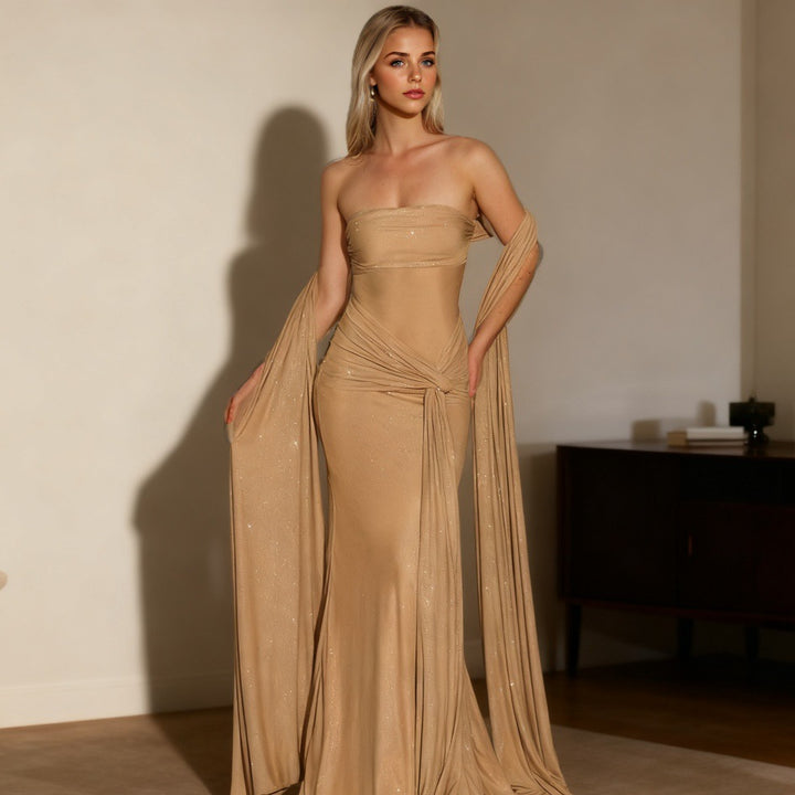 Damen Strapless Glamour Kleid mit eleganten Schals Drune