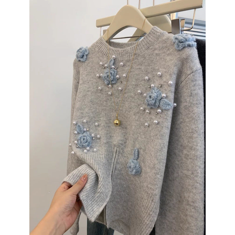 Damen Modischer Pullover mit floralen Applikationen Drune