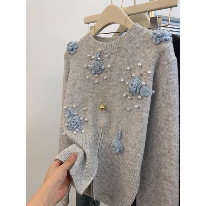 Damen Modischer Pullover mit floralen Applikationen Drune