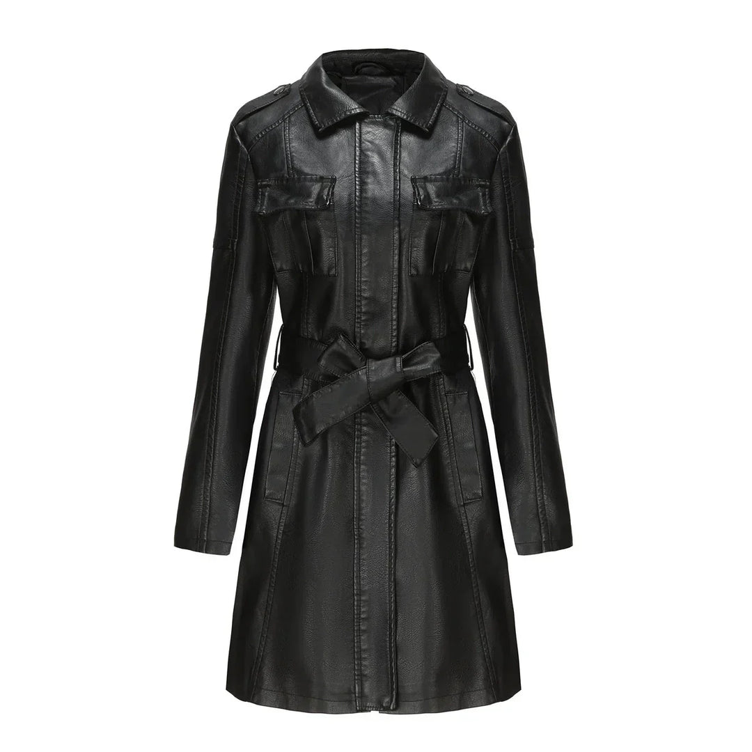 Drune | Schicke Lange Damen PU-Lederjacke mit Taschen