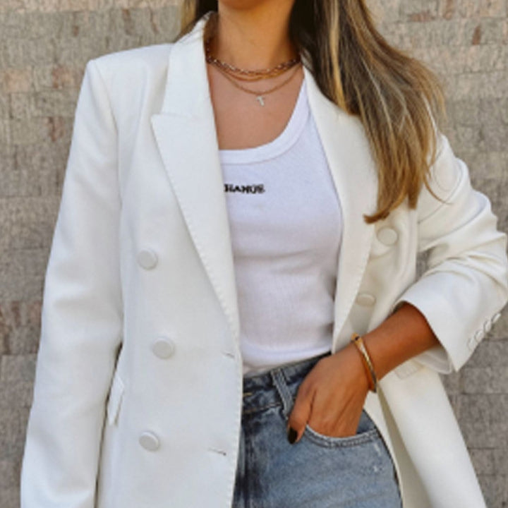 Damen Figurnaher Doppelreihiger Longblazer mit leichtem Schulterpolster und cleanem Revers Drune