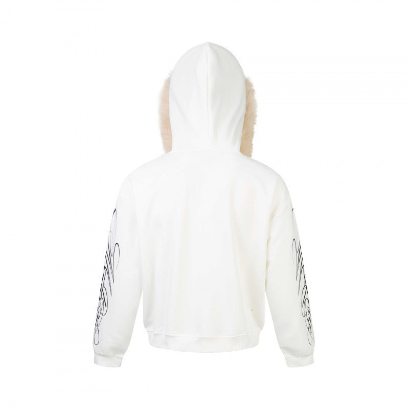 Unisex Oversize-Kapuzenjacke mit Kunstfellbesatz, Reißverschluss und Grafikärmeln Drune