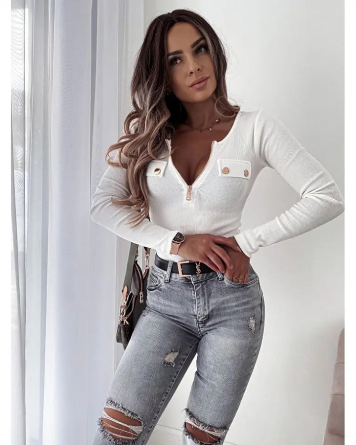 Damen Langarmshirt mit schimmerndem Reißverschluss und dekorativen Knopfdetails Drune