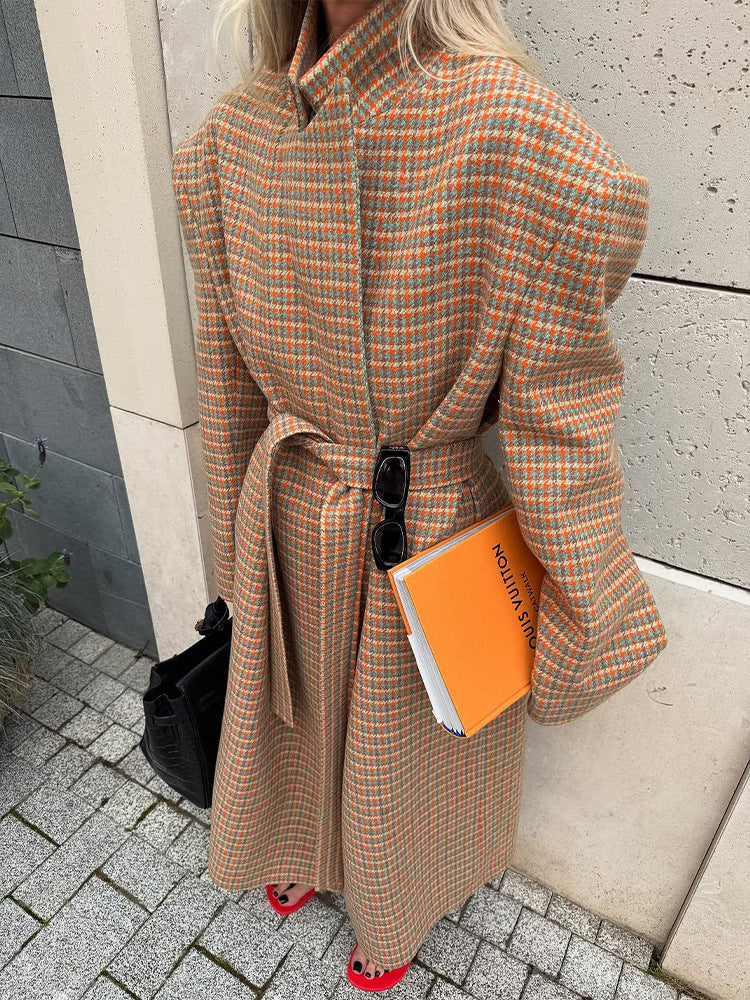 Damen Oversize Wollmantel mit Hahnentritt-Muster und Taillengürtel Drune