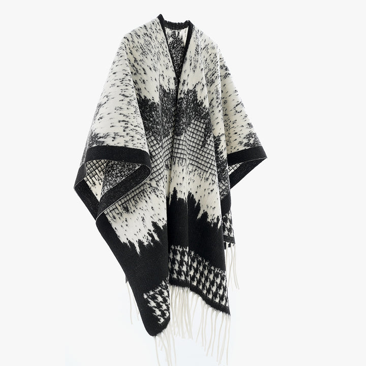 Damen Monochromer Jacquard-Capeponcho aus Wollmix mit Fransen und Oversize-Fall Drune