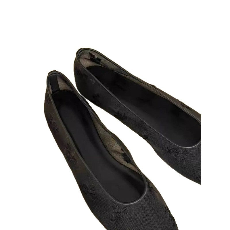 Damen Bestickte Mesh-Ballerinas mit quadratischer Zehenpartie und Rosenstickerei Drune