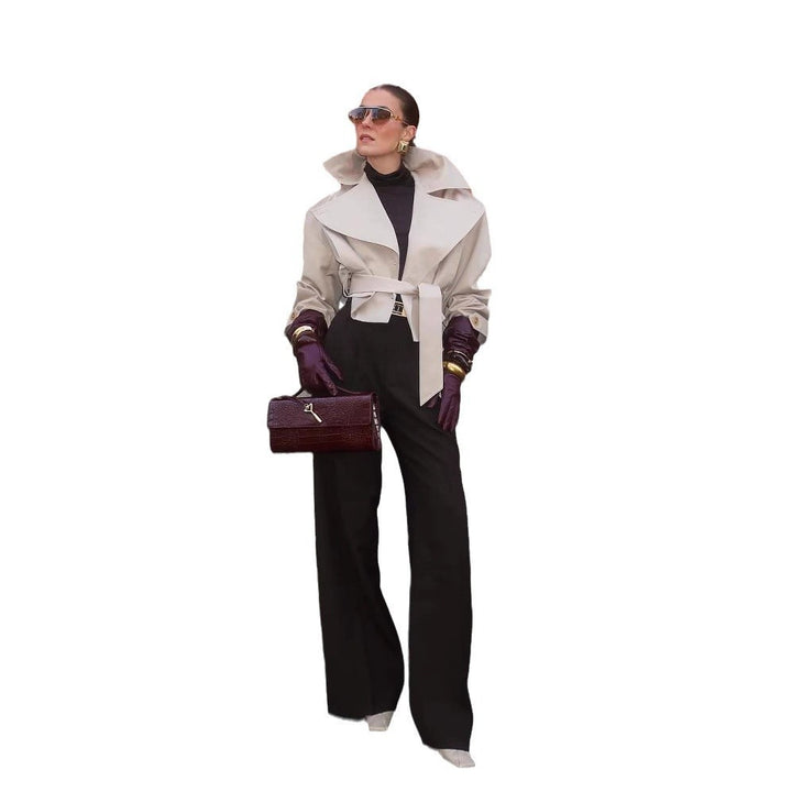 Damen stylischer Trenchcoat mit breitem Kragen und Gürteldetails Drune