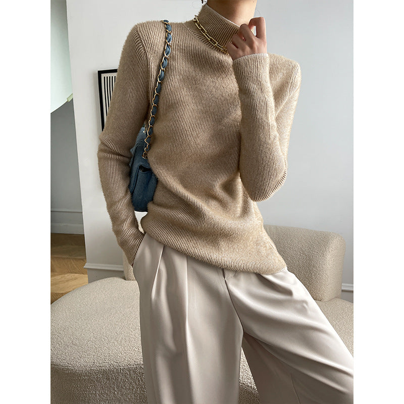 Damen eleganter Rippstrickpullover mit hohem Kragen und tailliertem Schnitt Drune