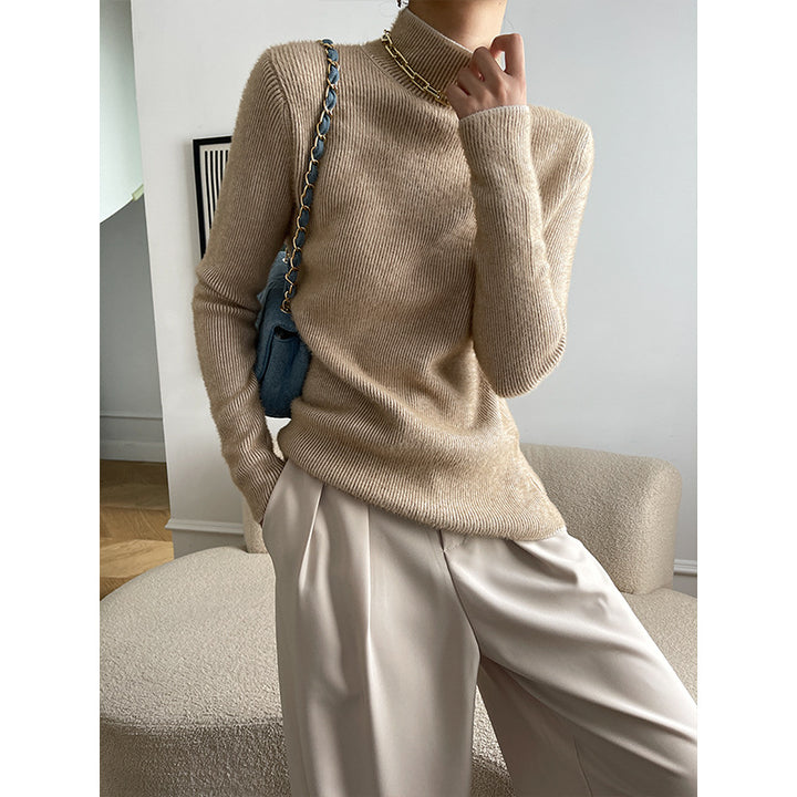 Damen eleganter Rippstrickpullover mit hohem Kragen und tailliertem Schnitt Drune