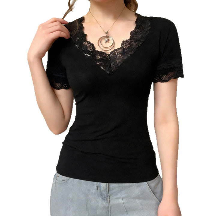 Damen T-Shirt mit Spitzenbesatz und V-Ausschnitt Drune