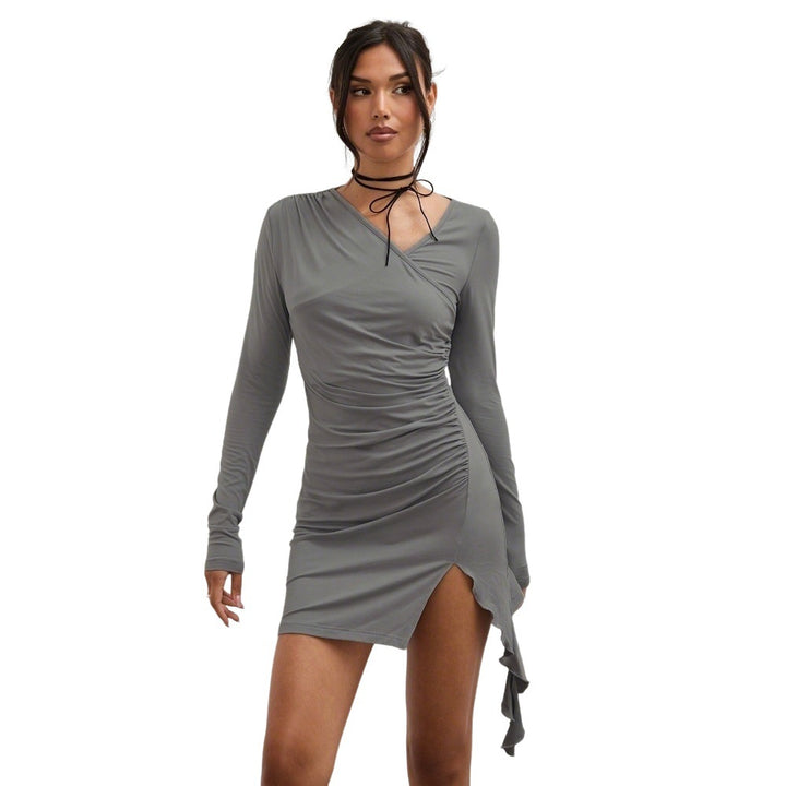 Damen gerafftes asymmetrisches Minikleid mit V-Ausschnitt, langem Ärmel und seitlichem Volant-Detail Drune