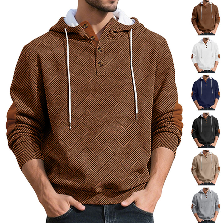 Herren nan strukturierter Kapuzen-Henley-Pullover mit Jacquardstruktur, Knopfleiste und Ellenbogenpatches Drune