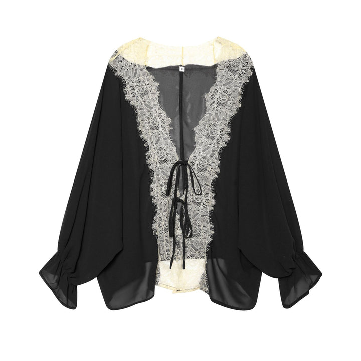 Damen nan Chiffonbluse mit tiefem V-Spitzeinsatz, lockeren Trompetenärmeln und Bindebändern Drune