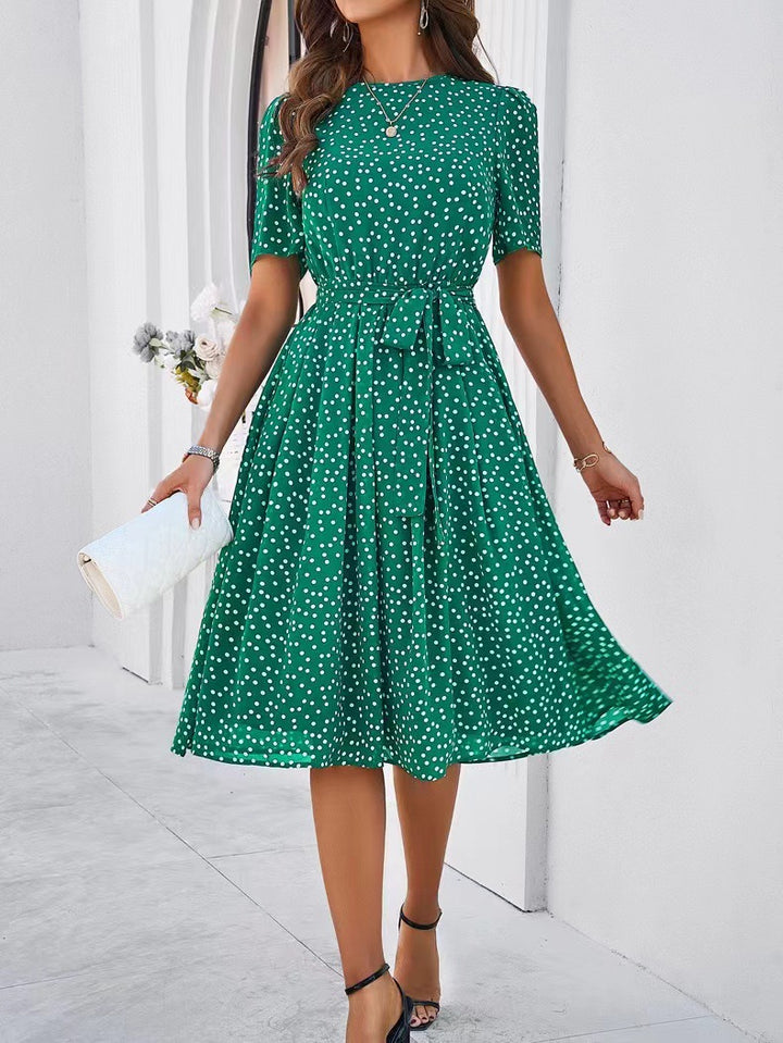 Damen Midikleid mit elegantem Punktedesign und Taillengürtel Drune