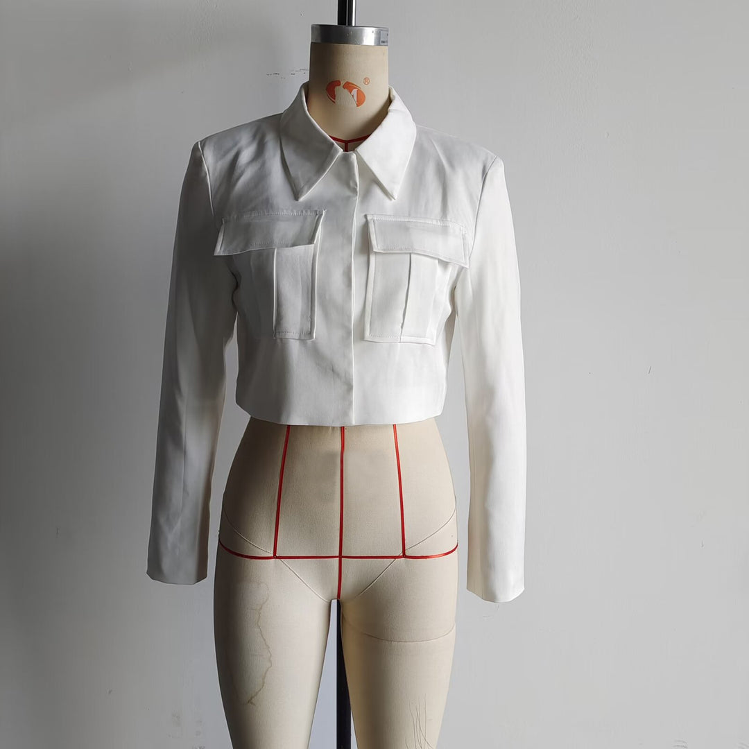 Damen nan kurz geschnittene Cropped-Hemdjacke mit Hemdkragen und aufgesetzten Pattentaschen Drune
