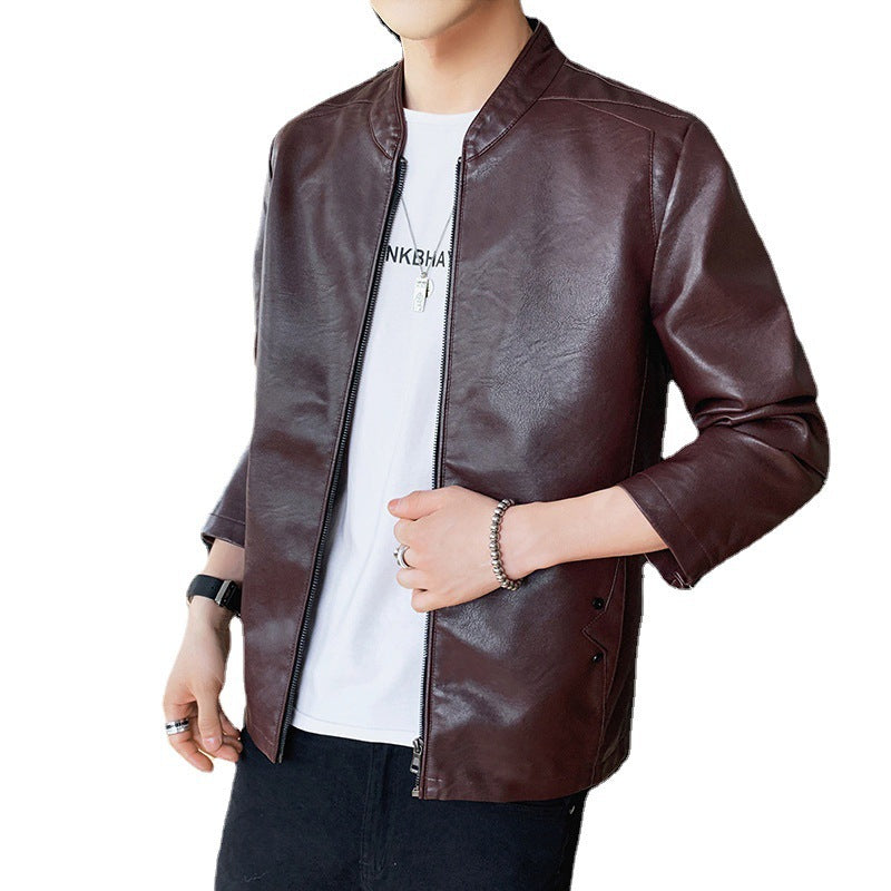 Herren schmal geschnittener Kunstleder Flightblouson mit minimalistischem Stehkragen und verdeckter Reißverschlussleiste Drune
