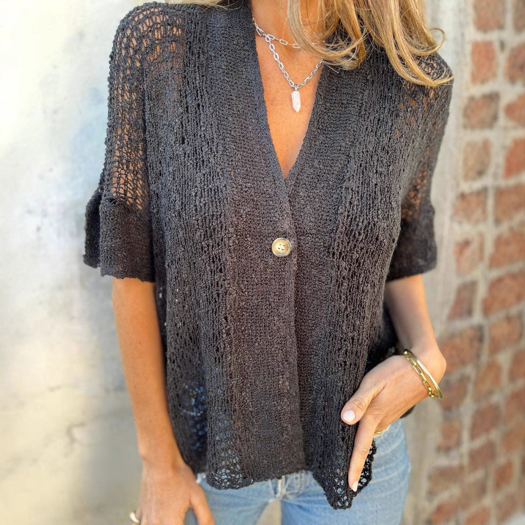 Damen Kurzarm Strickoberteil mit Knopfdetail und luftiger Struktur Drune