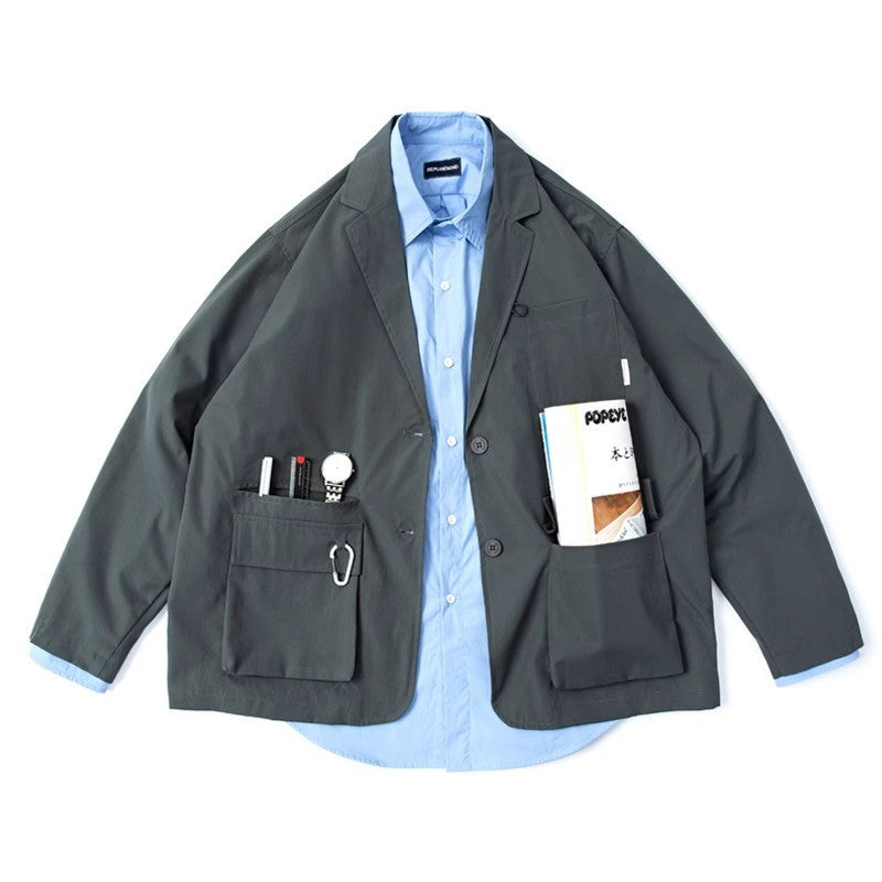 Unisex Weit geschnittener Utility-Blazer mit Multifunktionstaschen Drune
