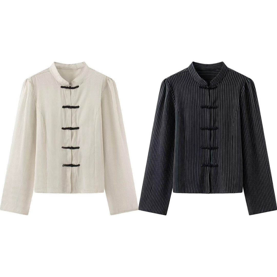 Damen Nadelstreifen-Mandarinjacke mit Knotenverschlüssen und geradem Schnitt Drune