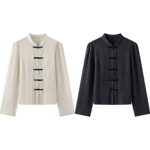 Damen Nadelstreifen-Mandarinjacke mit Knotenverschlüssen und geradem Schnitt Drune