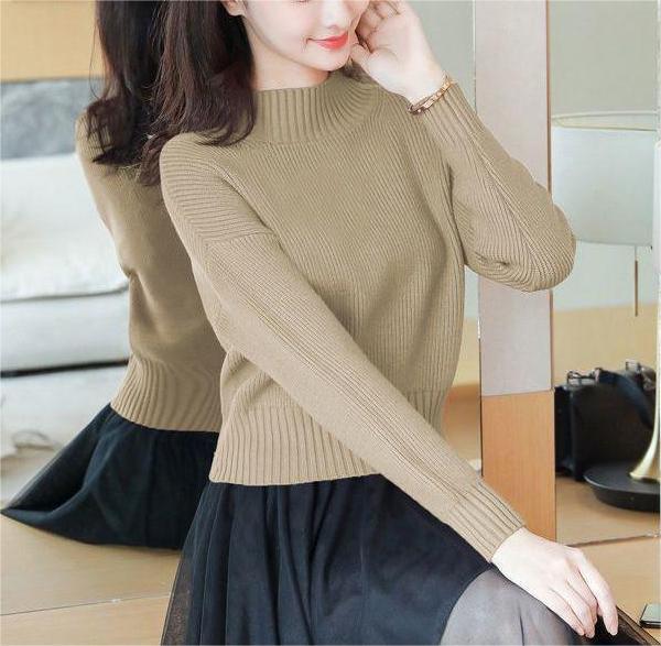 Damen lässiger Strickpullover mit hohem Kragen und feinen Rippdetails Drune