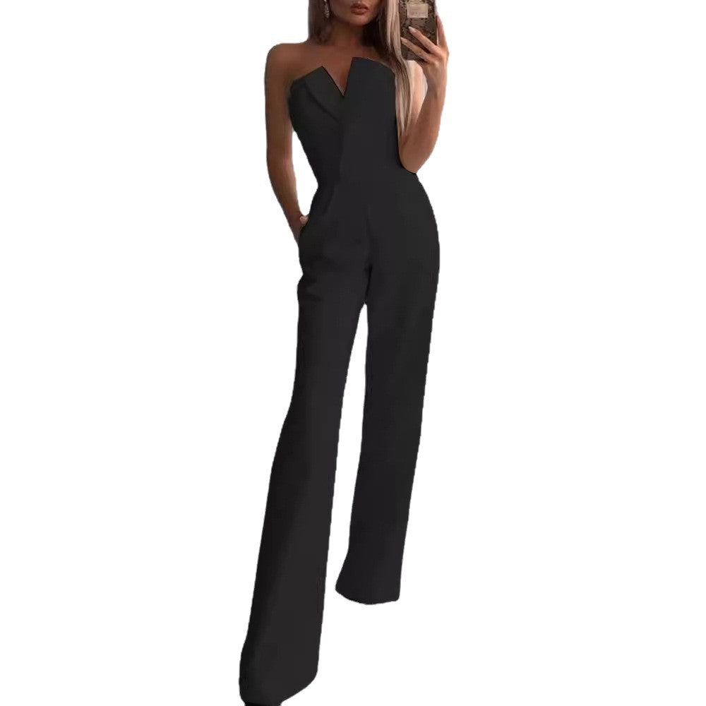 Damen Eleganter Jumpsuit mit tiefem V-Ausschnitt und weitem Bein Drune