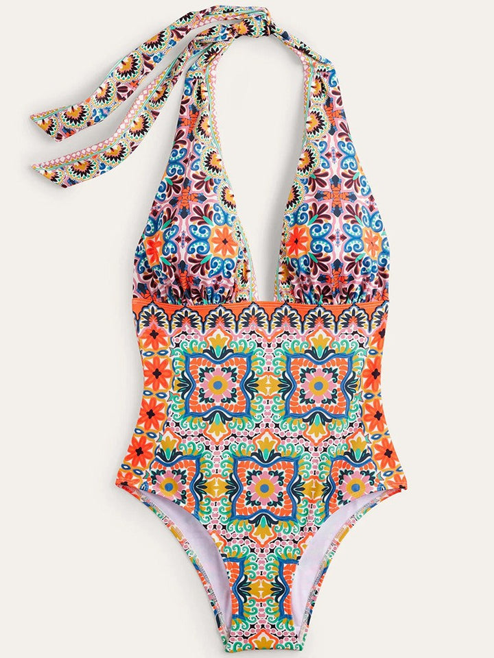 Drune | Ethnischer Print Hochgeschnittener Halter Monokini Brasilianischer Einteiler Badeanzug