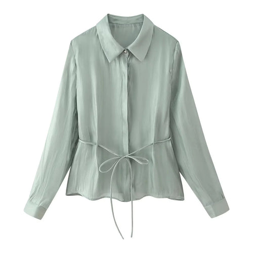 Damen nan seidenähnliche Taillierte Hemdbluse mit Bindegürtel und verdeckter Knopfleiste Drune