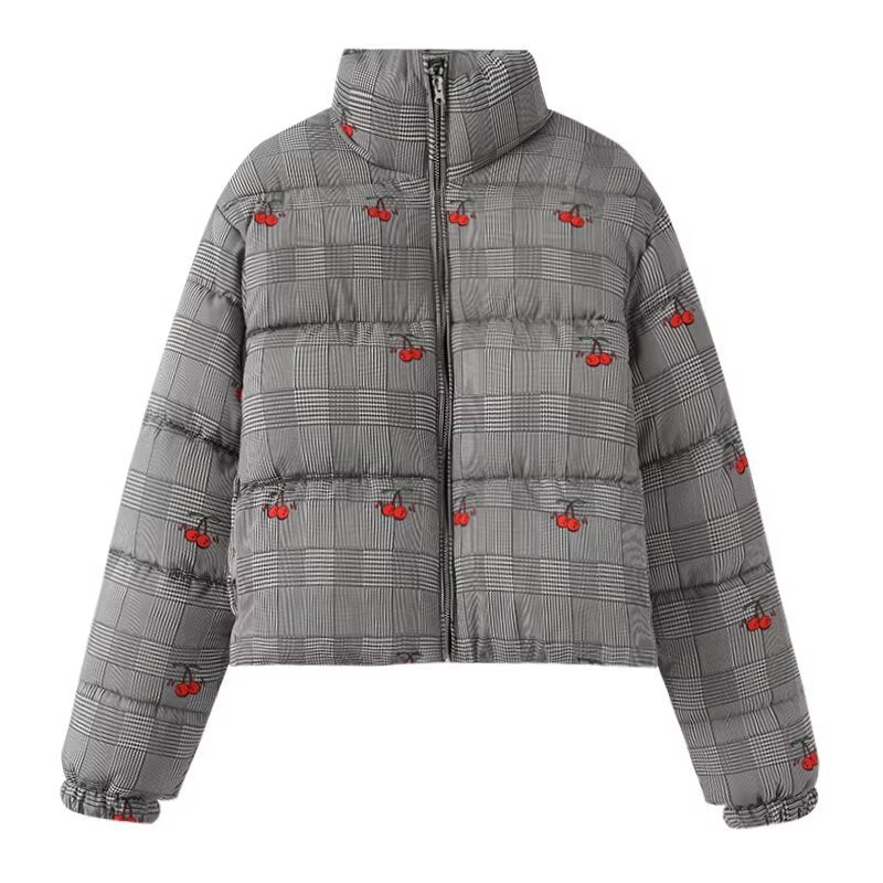 Damen Kurz geschnittene gesteppte Daunenoptik-Jacke mit Stehkragen und Kirschenstickerei Drune