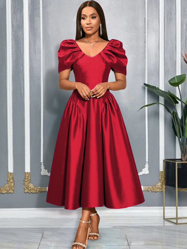 Damen Elegantes Satin Abendkleid mit voluminösen Puffärmeln Drune