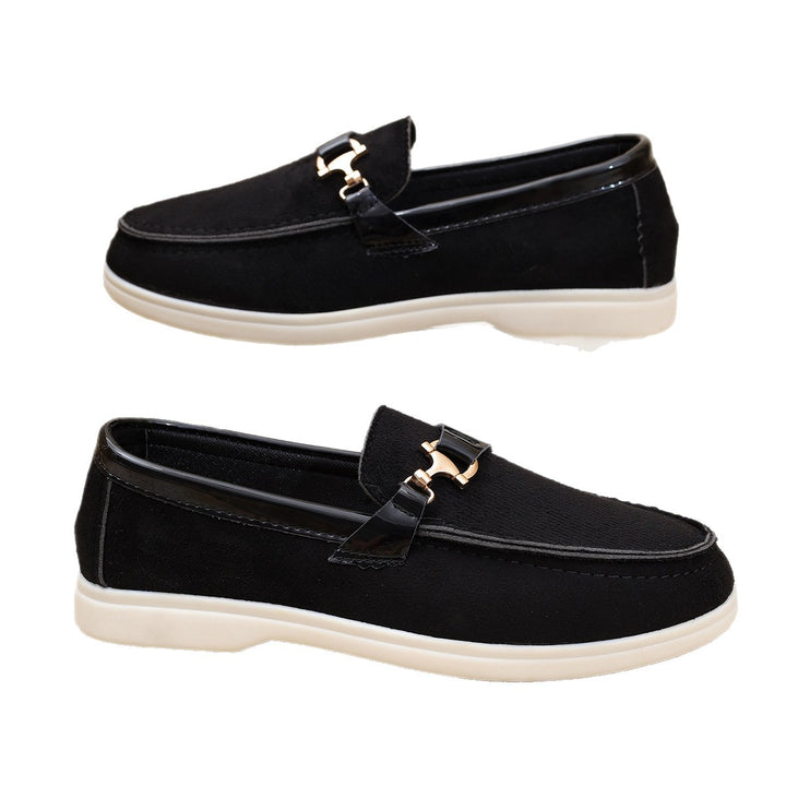 Damen elegante Veloursleder-Slipper mit dekorativer Metall-Hardware und flexibler Leichtlaufsohle Drune