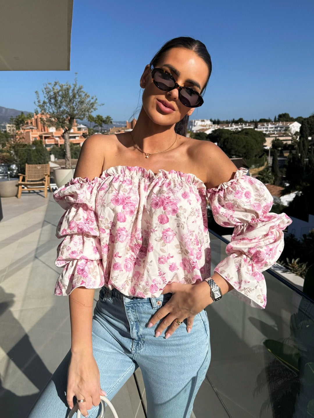 Damen Bluse mit schulterfreiem Schnitt und Volantärmeln Drune