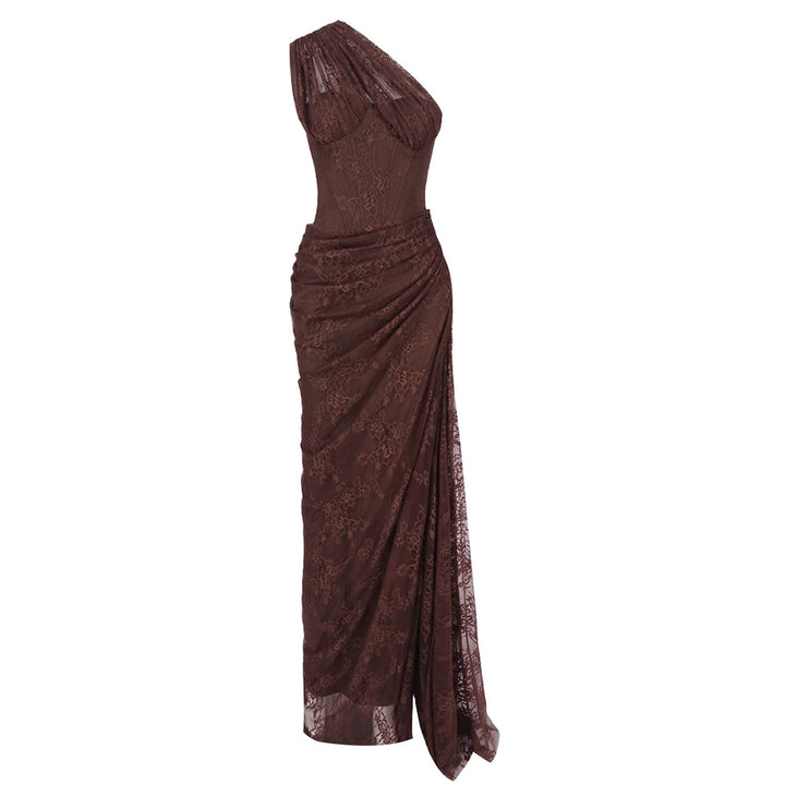 Damen elegantes Abendkleid mit asymmetrischem One-Shoulder-Design und floralem Spitzenbesatz Drune