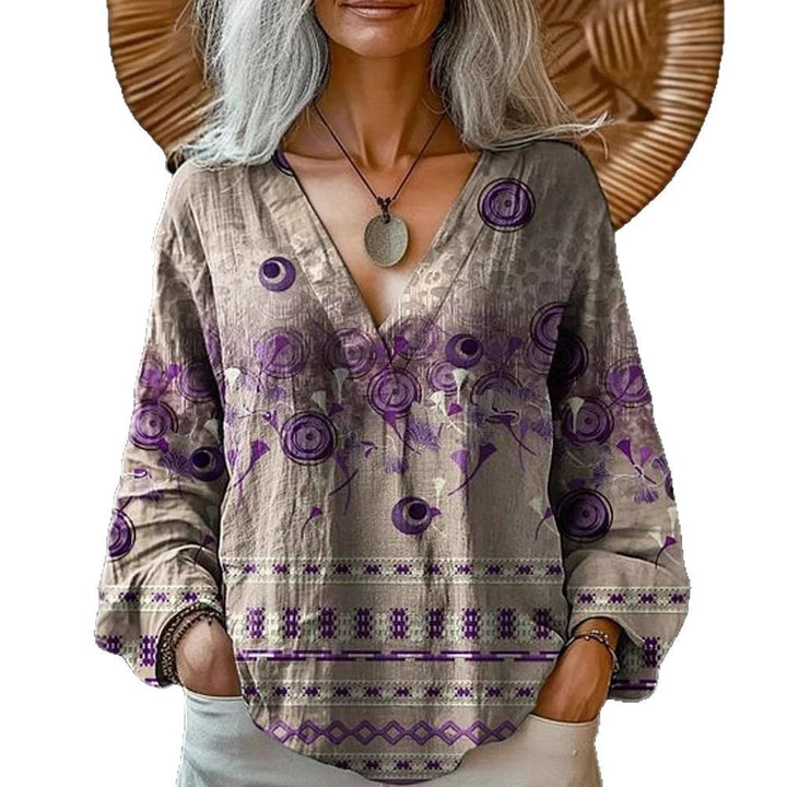 Damen Boho-Leinenmischung Tunika-Bluse mit V-Ausschnitt und floraler Aquarellstickerei Drune