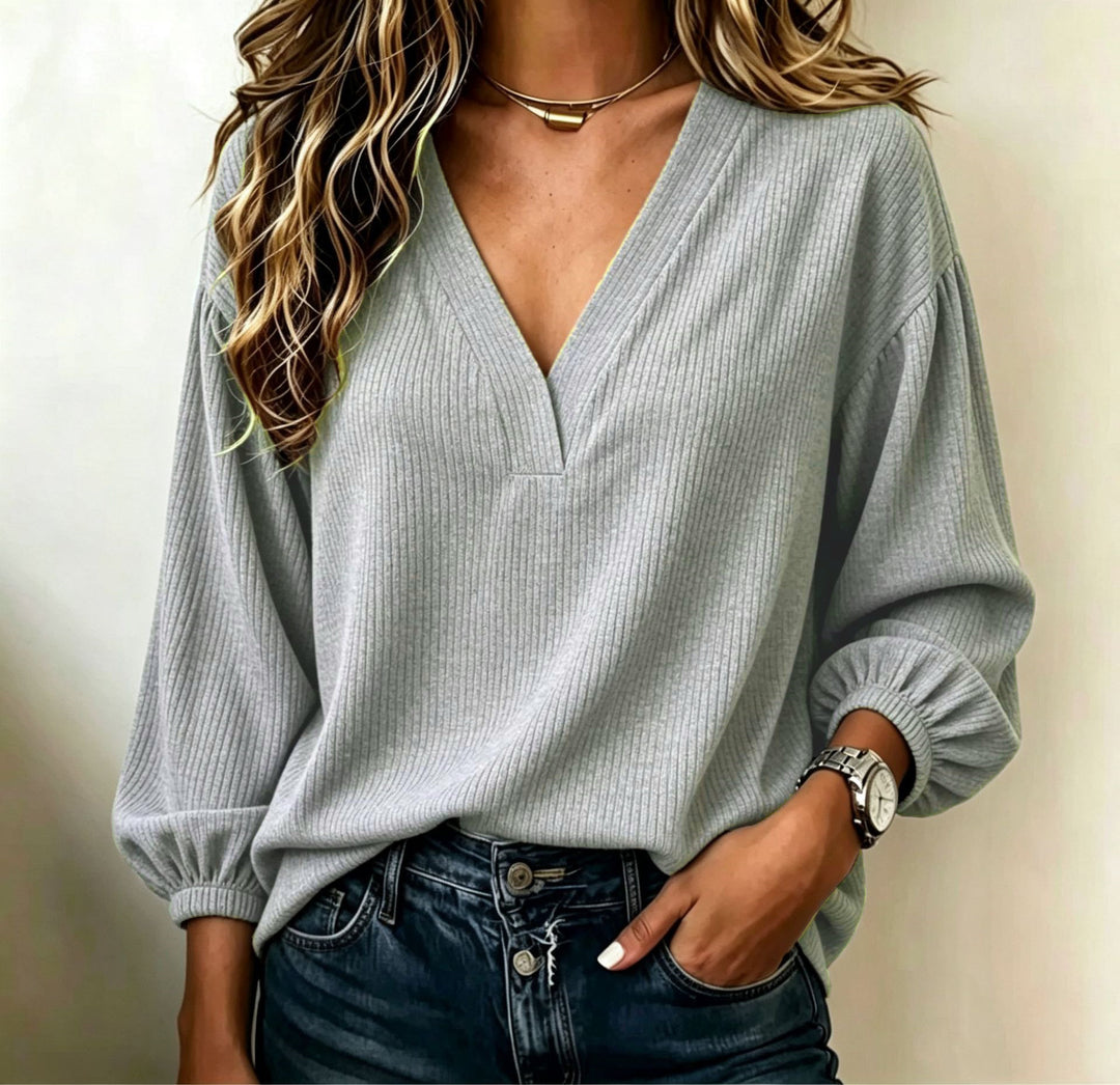 Damen Gerippter V-Ausschnitt Pullover mit Ballonärmeln Drune