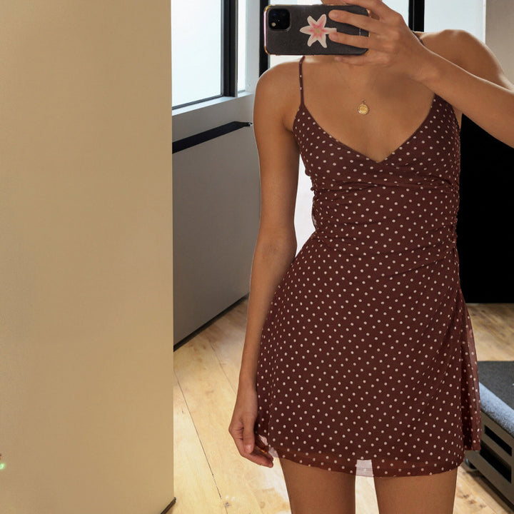 Damen süßes Spaghettiträger-Kleid mit Punktmuster und fließendem Schnitt Drune