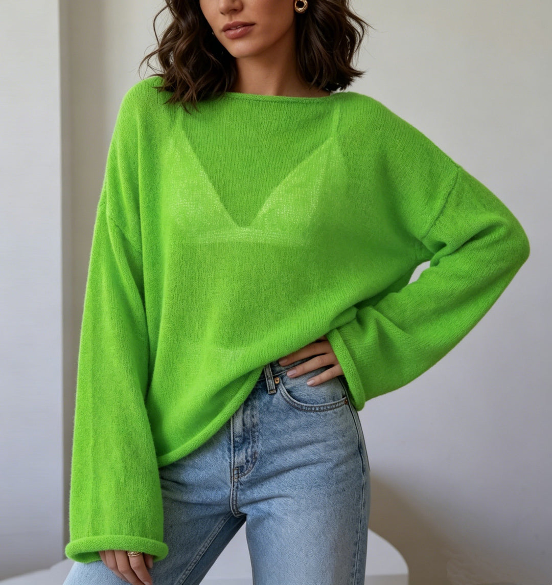 Damen luftiger Oversize-Feinstrickpullover mit weitem Arm und Rundhalsausschnitt Drune
