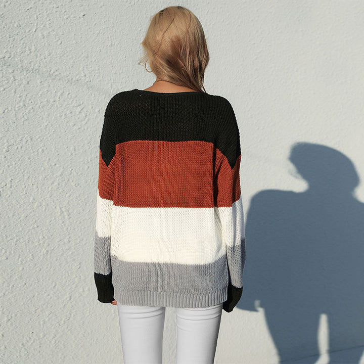 Damen Lässiger Blockstreifen-Pullover im Grobstrick mit Rundhalsausschnitt Drune