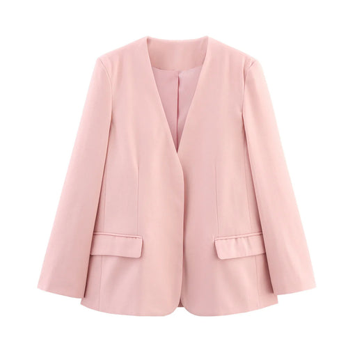 Damen nan knopflose Longblazerjacke mit tiefem V-Ausschnitt taillierten Abnähern und Pattentaschen Drune