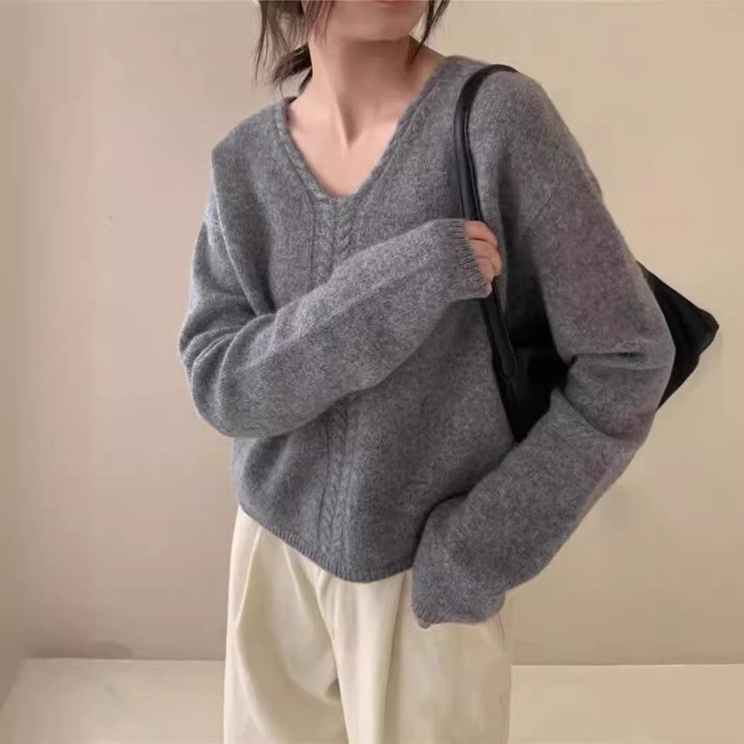 Damen Strickpullover mit V-Ausschnitt und Zopfmuster Drune