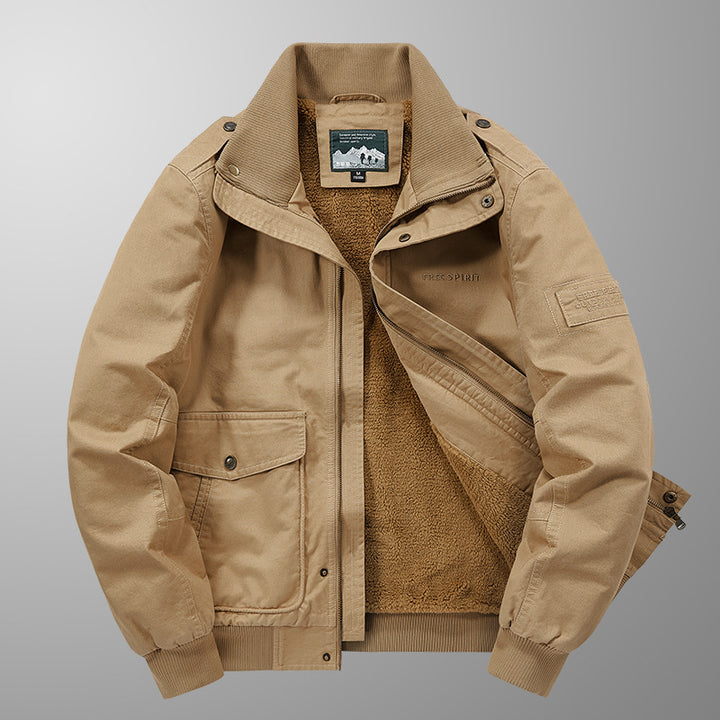 Herren Thermo-Canvasblouson mit durchgehendem Teddyfutter, Rippkragen und Utility‑Pattentaschen Drune