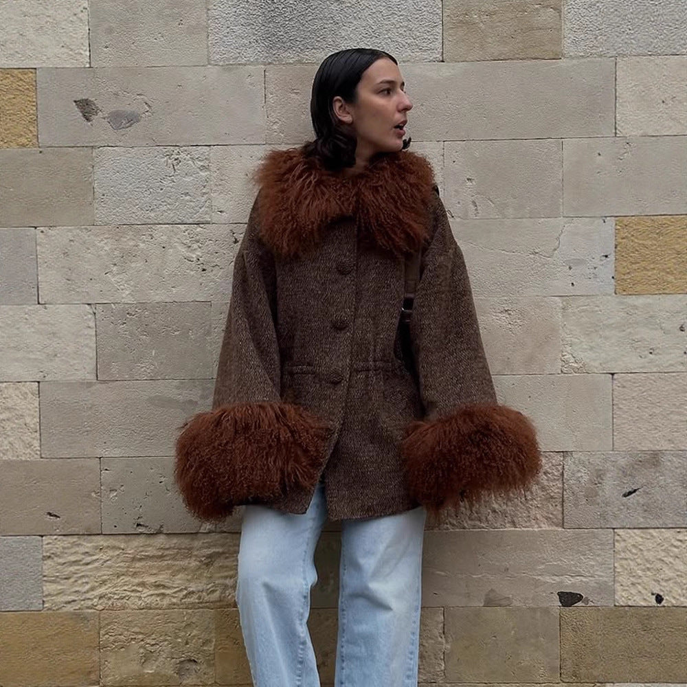 Damen Oversize Wollmix-Marka Mantel mit voluminösem Lammfellimitatkragen und extra weitem Ärmelabschluss Drune