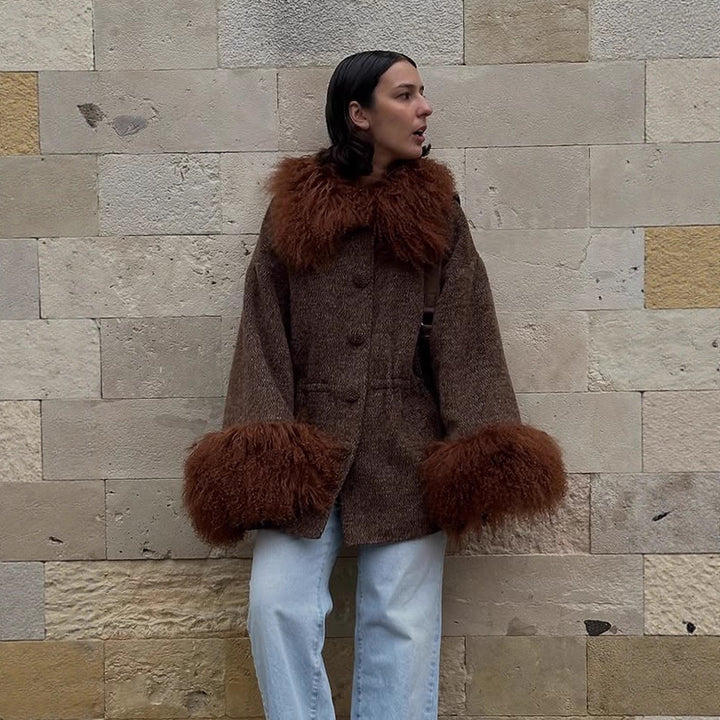 Damen Oversize Wollmix-Marka Mantel mit voluminösem Lammfellimitatkragen und extra weitem Ärmelabschluss Drune