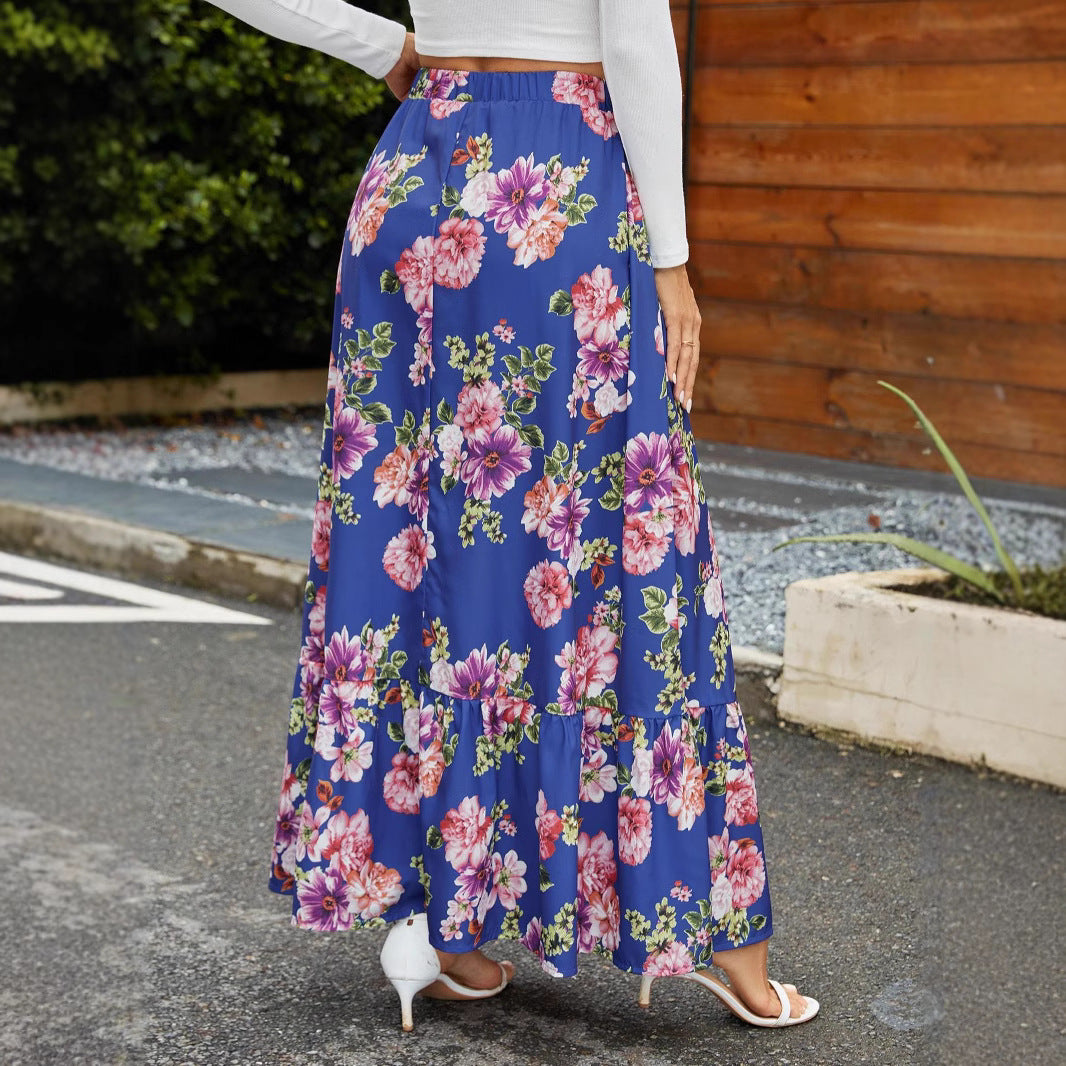 Damen Maxi-Rock mit floralen Volantdetails und elastischem Bund Drune