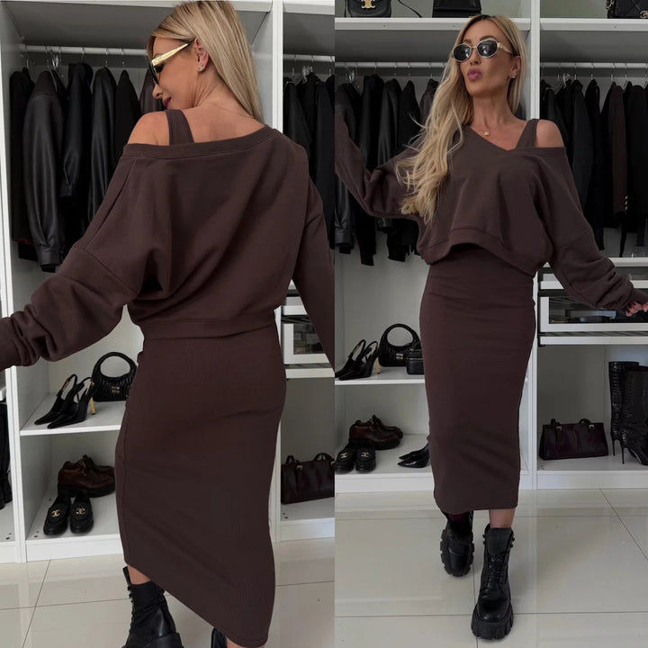 Damen nan zweiteiliges Midirock-Set mit off-shoulder Oversize-Sweatshirt und figurbetontem Bleistiftrock Drune