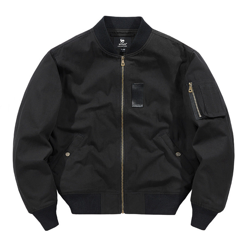Men's  rugged cotton-twill flight bomber jacket with utility sleeve pocket and reinforced ribbed trims Drune