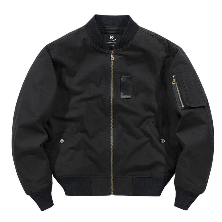 Men's  rugged cotton-twill flight bomber jacket with utility sleeve pocket and reinforced ribbed trims Drune